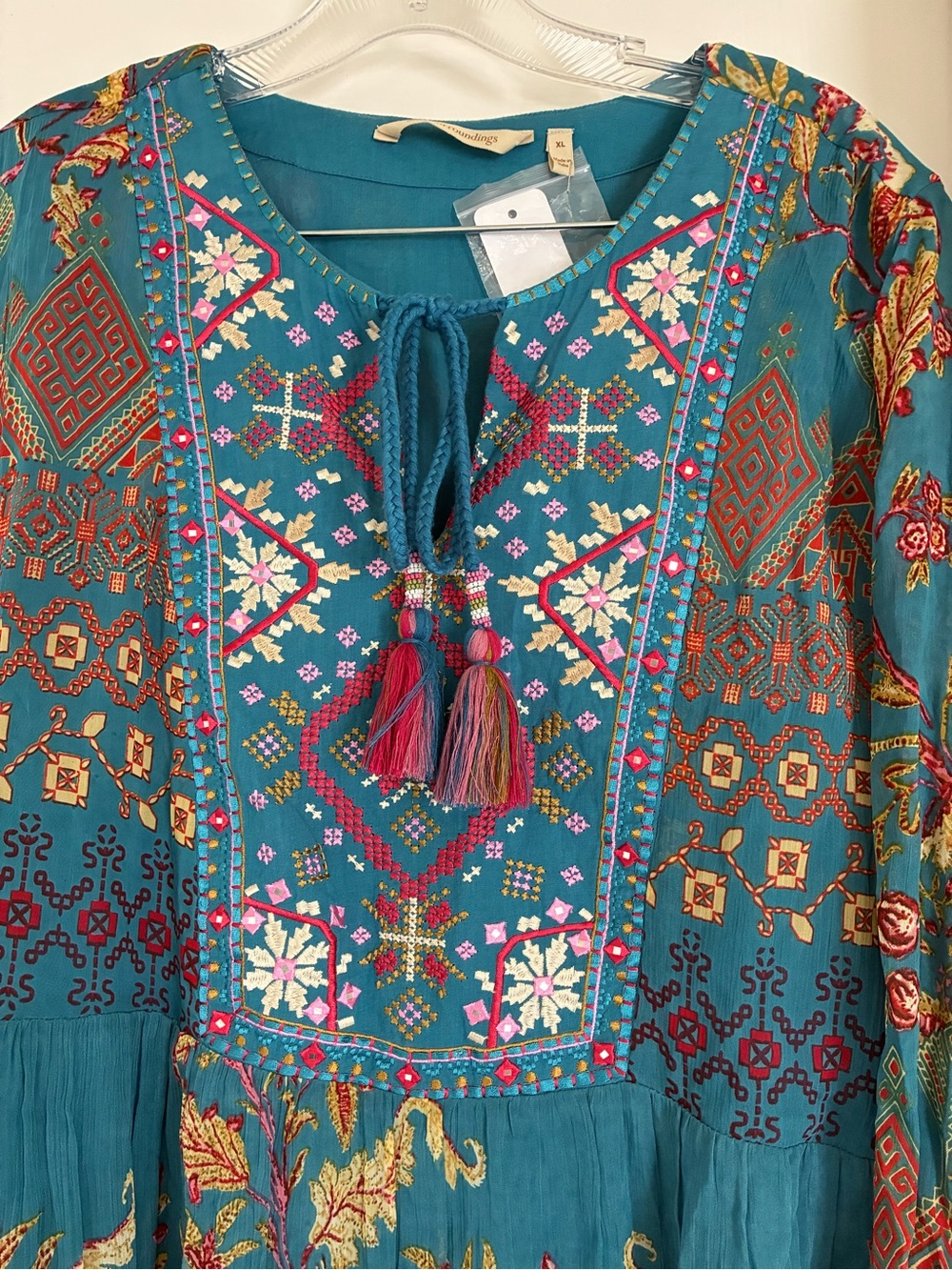 Soft Surroundings Mirapani Teal Floral Embroidered Tassel Maxi Dress - Picture 2 of 8